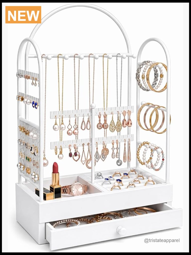 White Jewelry Organizer Stand With Drawer, Earring Holder, Necklace & Bracelet
